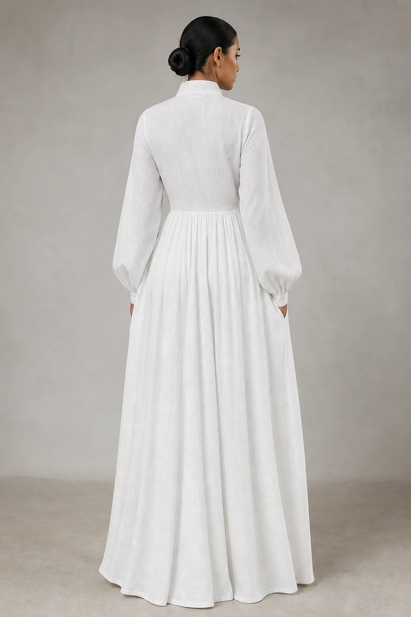 Sofaine Esme women's cotton-linen maxi dress in White, back view on model