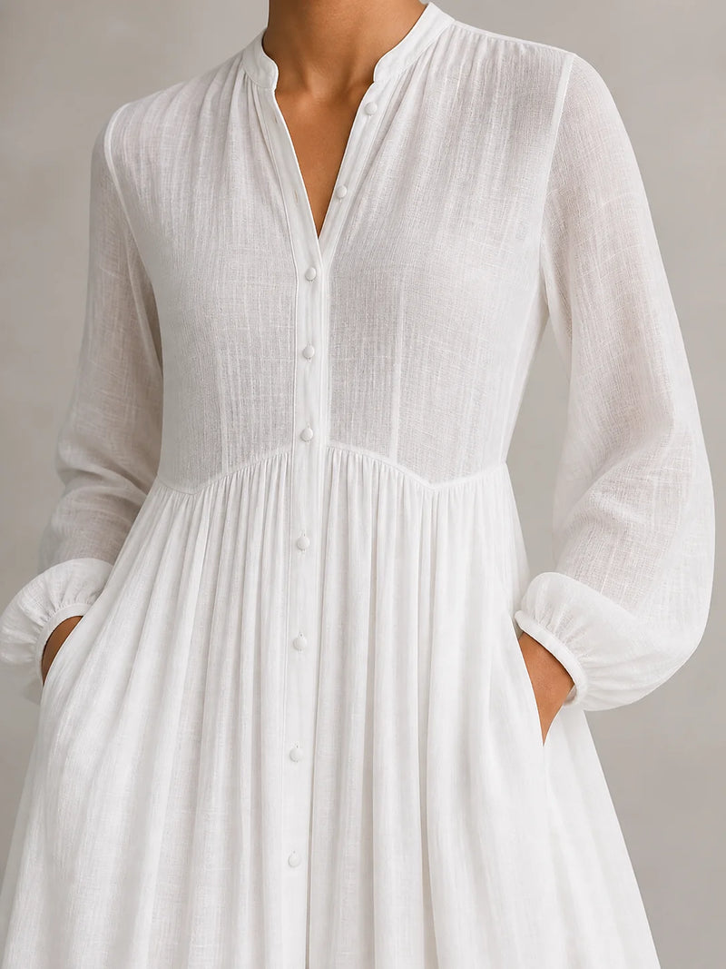 Sofaine Esme women's cotton-linen maxi dress in White, stand collar and button placket detail on worn dress