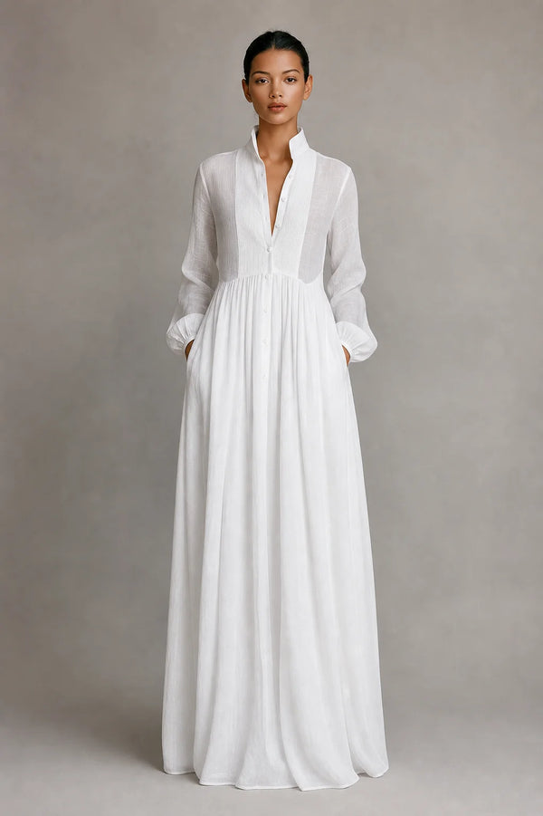 Sofaine Esme women's cotton-linen maxi dress in White, worn front hero