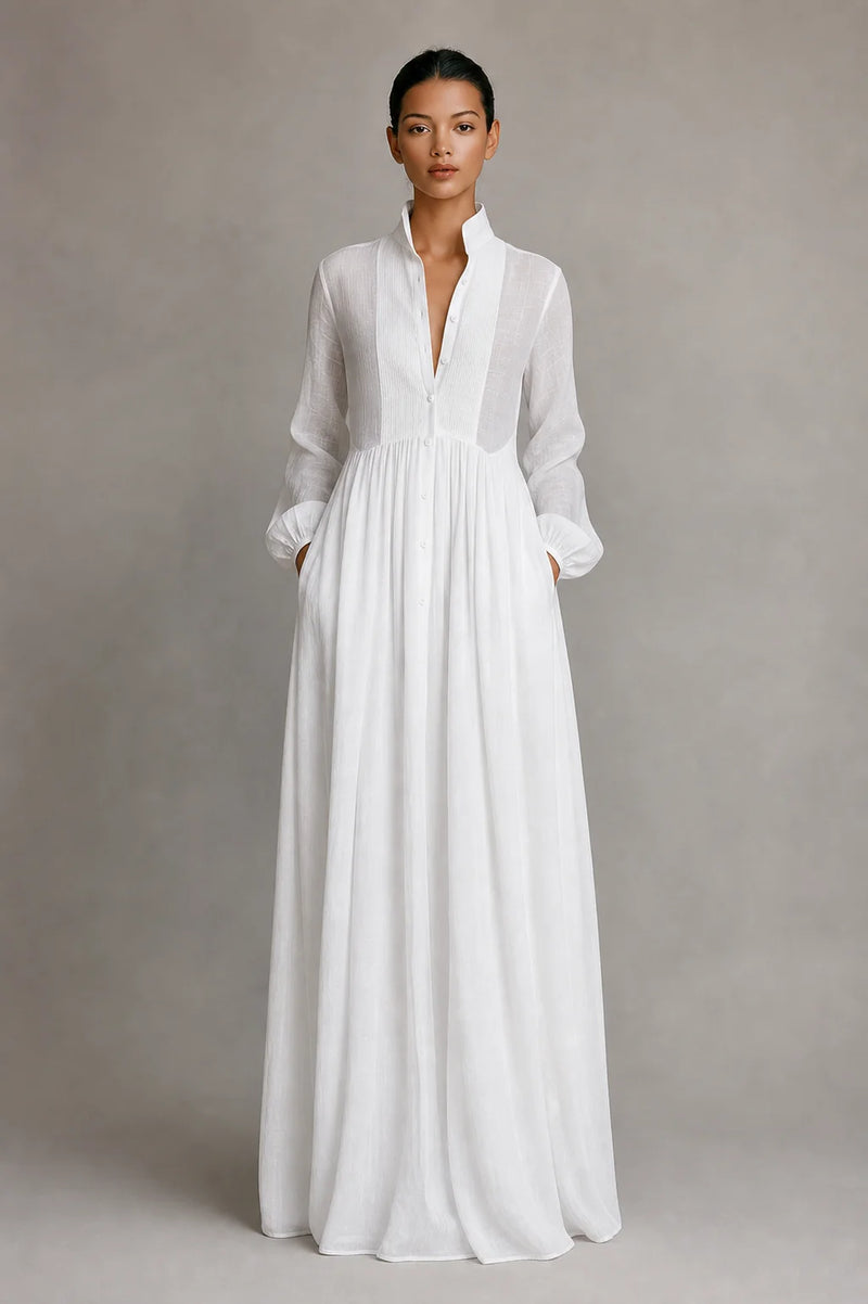 Sofaine Esme women's cotton-linen maxi dress in White, worn front hero