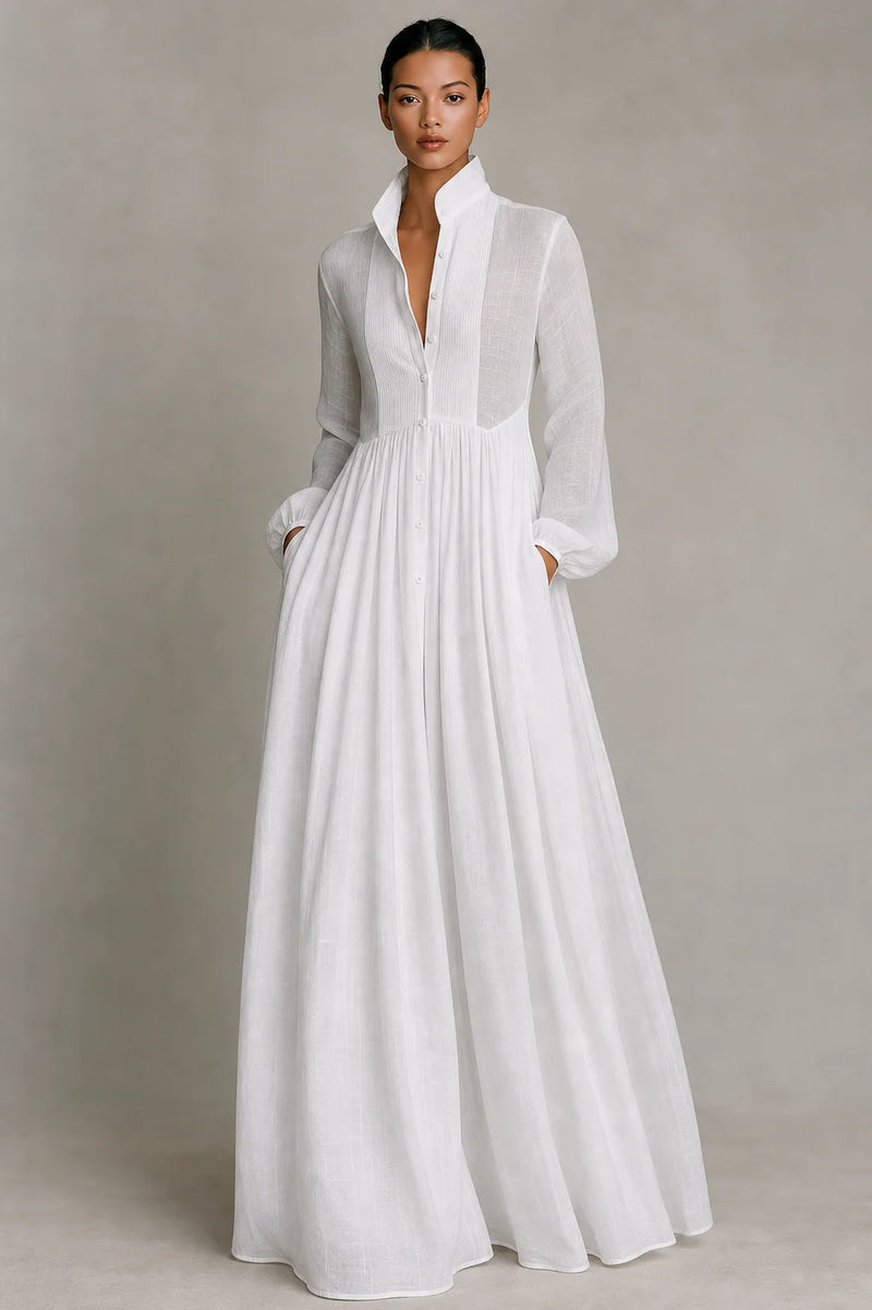 Sofaine Esme women's cotton-linen maxi dress in White, styled full look on model