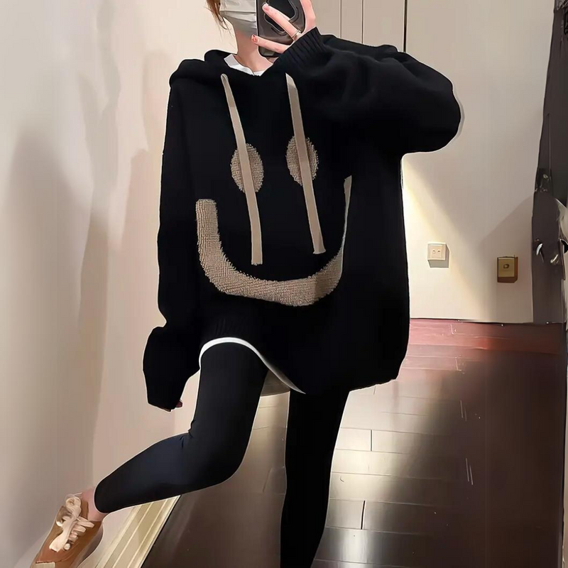 Oversized Sweater Hoodie for Women with Smiley Face Knit Design in Black, front view