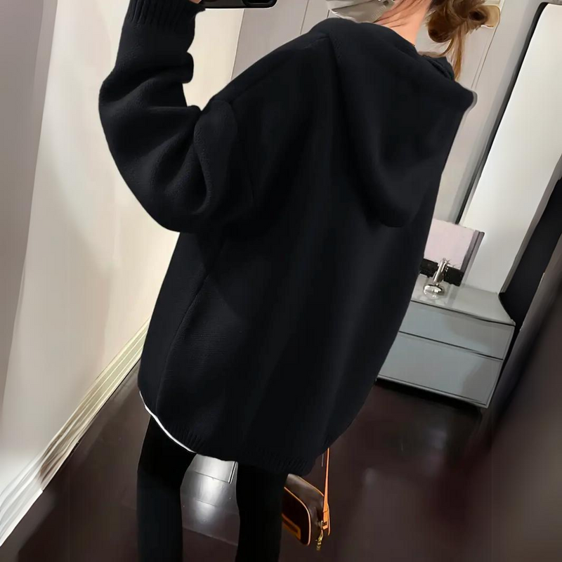 Oversized Sweater Hoodie for Women with Smiley Face Knit Design in Black, side view