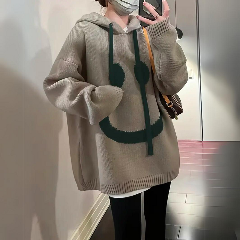 Oversized Sweater Hoodie for Women with Smiley Face Knit Design in Gray, front view 2