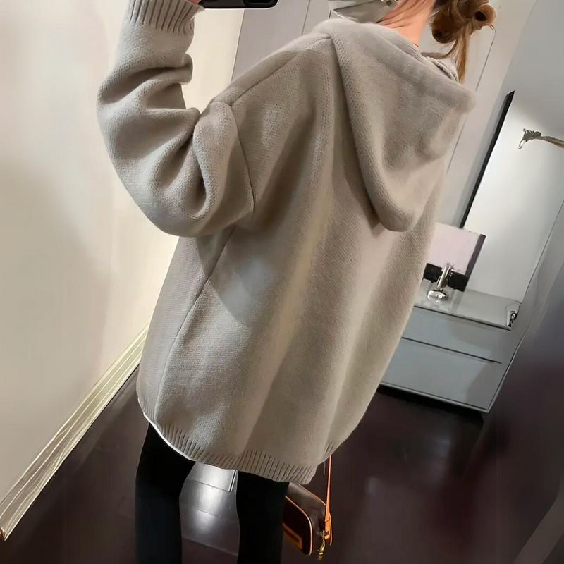 Oversized Sweater Hoodie for Women with Smiley Face Knit Design in Gray, side view