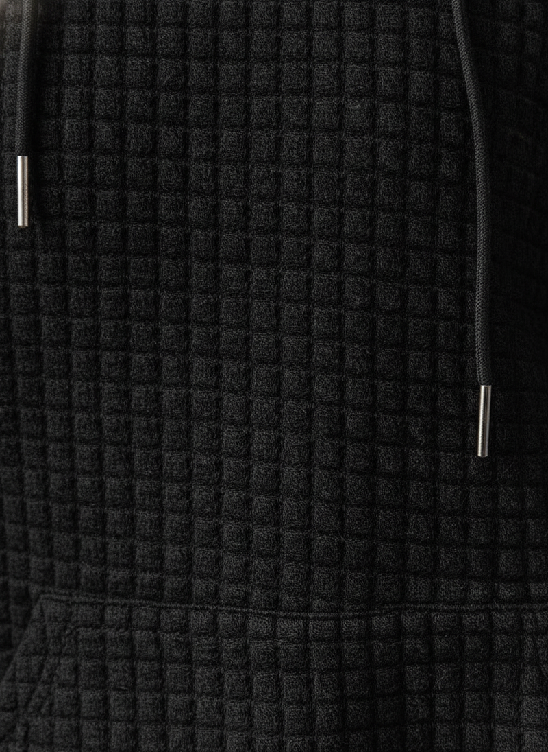 Waffle Knit Hoodie for Women with Kangaroo Pocket and Drawstring Hood in Black, fabric close-up