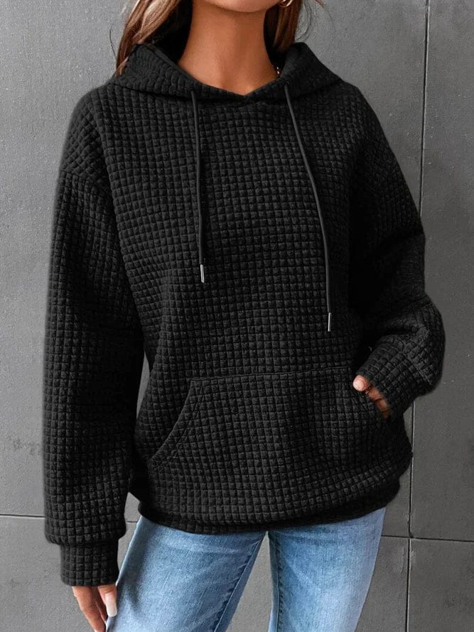 Waffle Knit Hoodie for Women with Kangaroo Pocket and Drawstring Hood in Black, front view 2