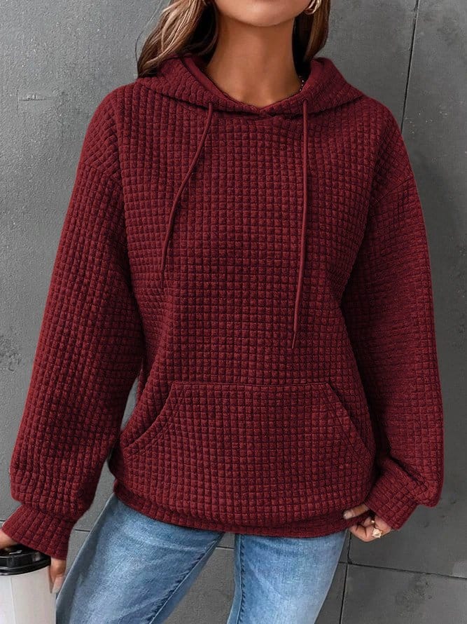 Waffle Knit Hoodie for Women with Kangaroo Pocket and Drawstring Hood in Burgundy, front view