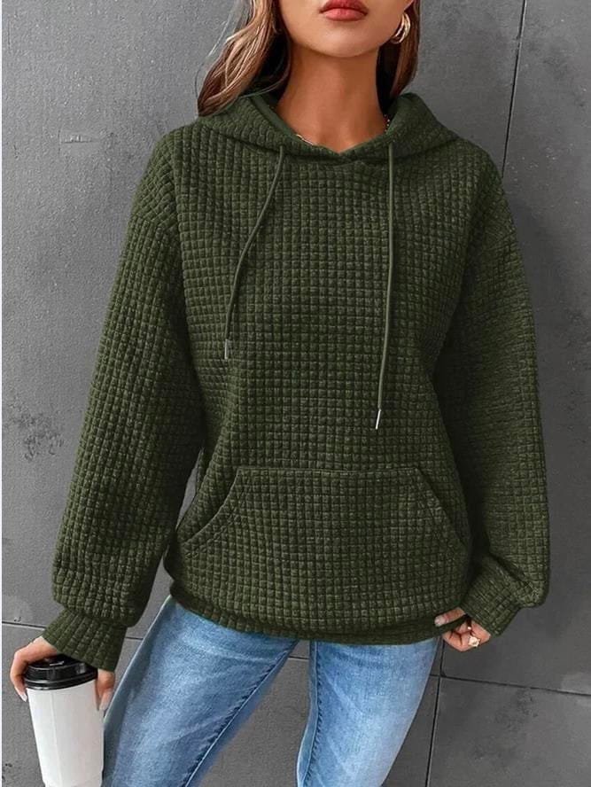 Waffle Knit Hoodie for Women with Kangaroo Pocket and Drawstring Hood in Dark Green, front view