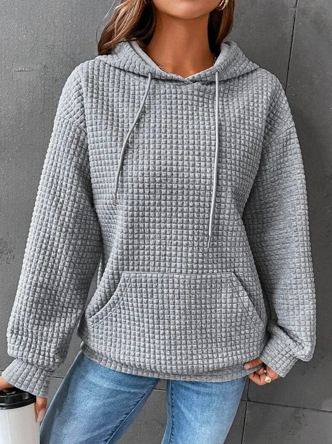 Waffle Knit Hoodie for Women with Kangaroo Pocket and Drawstring Hood in Gray, front view