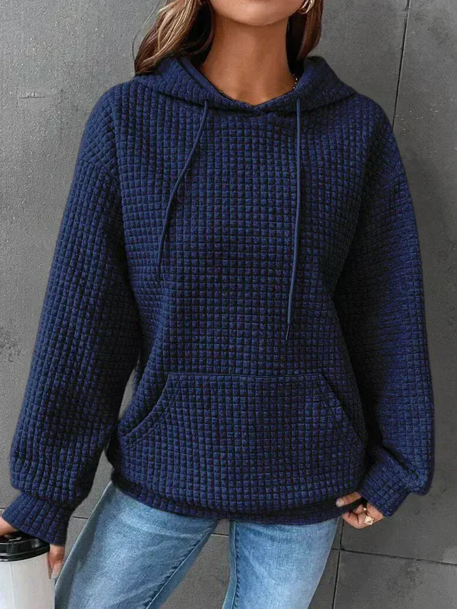 Waffle Knit Hoodie for Women with Kangaroo Pocket and Drawstring Hood in Navy Blue, front view