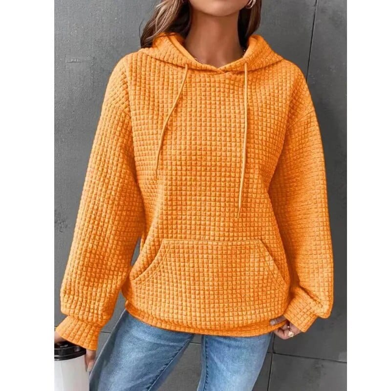 Waffle Knit Hoodie for Women with Kangaroo Pocket and Drawstring Hood in Orange, front view