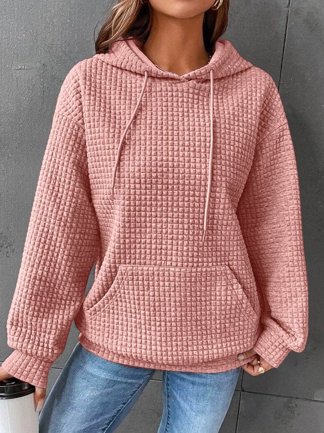 Waffle Knit Hoodie for Women with Kangaroo Pocket and Drawstring Hood in Pink, front view