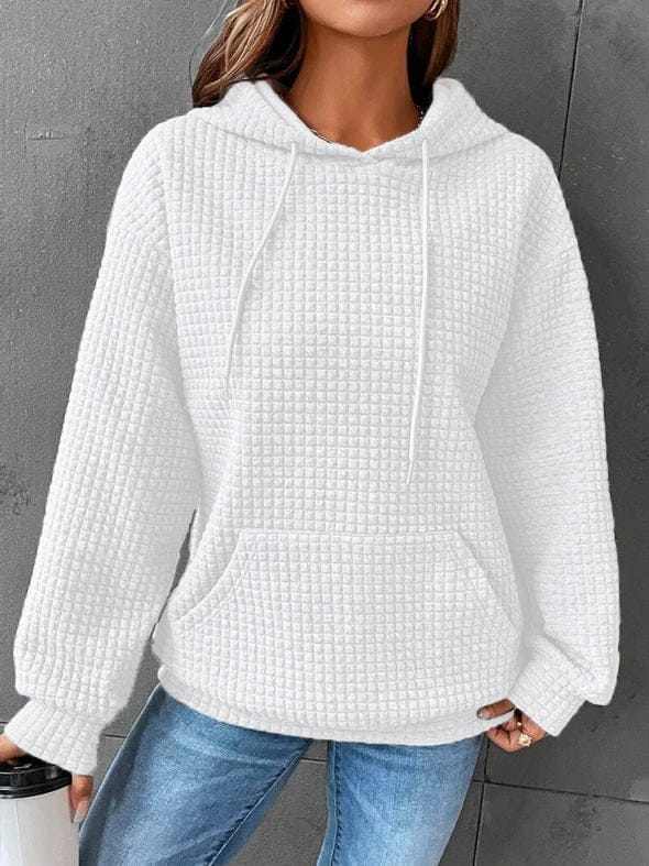 Waffle Knit Hoodie for Women with Kangaroo Pocket and Drawstring Hood in White, front view