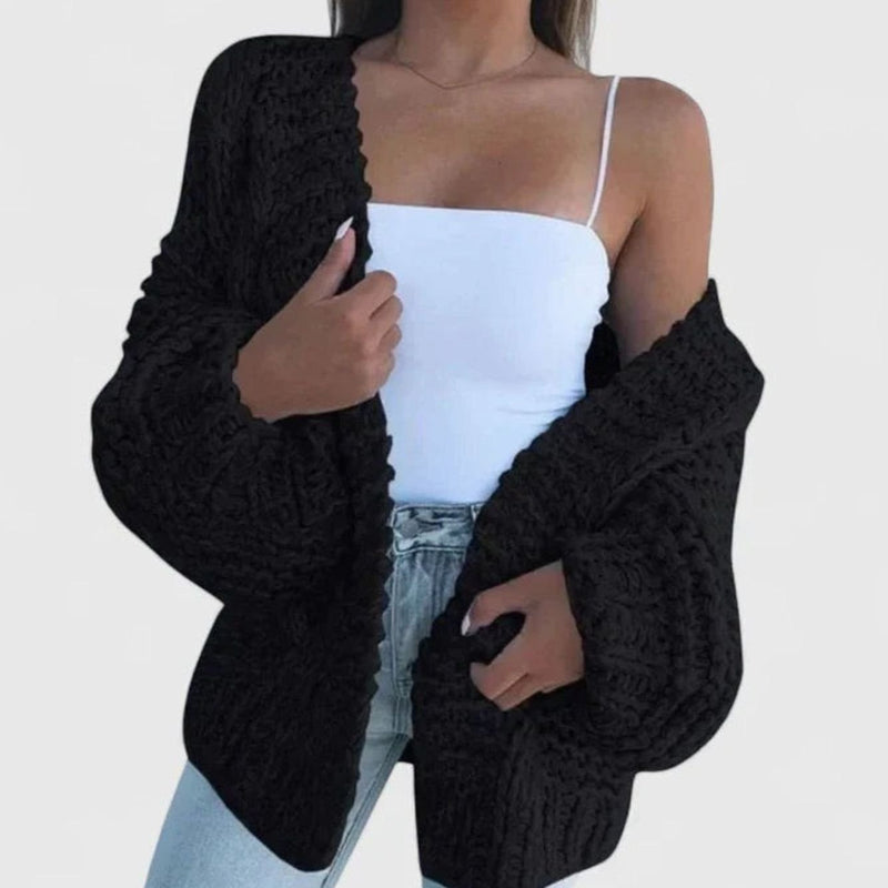 Chunky Knit Open Front Cardigan for Women with Balloon Sleeves in Black, front view 2