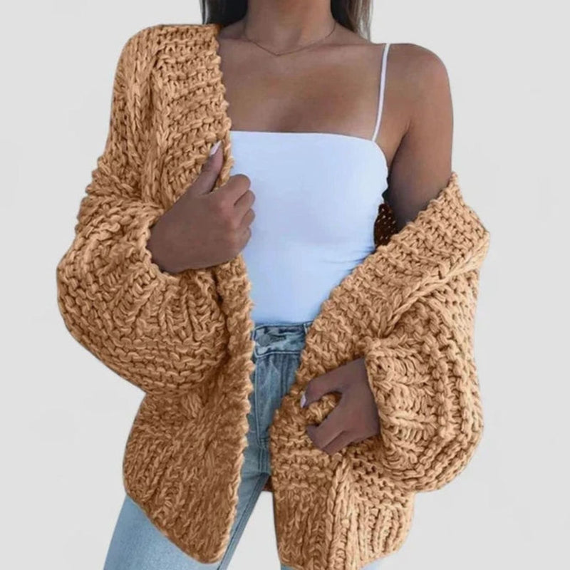 Chunky Knit Open Front Cardigan for Women with Balloon Sleeves in Camel, front view