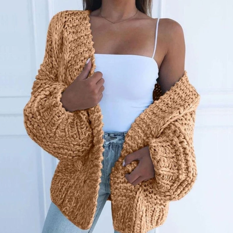 Chunky Knit Open Front Cardigan for Women with Balloon Sleeves in Camel, front view 2