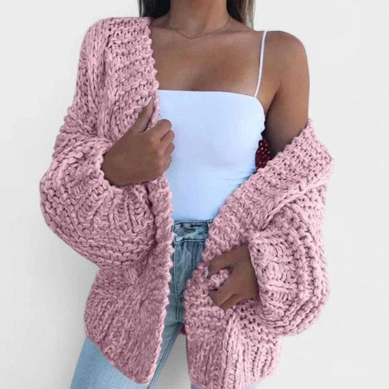 Chunky Knit Open Front Cardigan for Women with Balloon Sleeves in Pink, front view