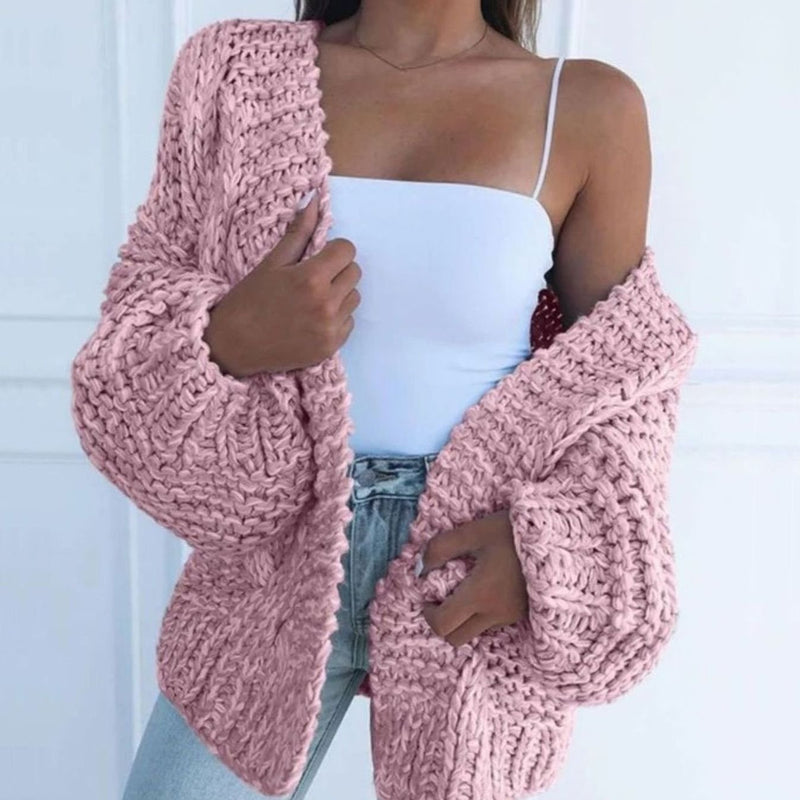 Chunky Knit Open Front Cardigan for Women with Balloon Sleeves in Pink, front view 2