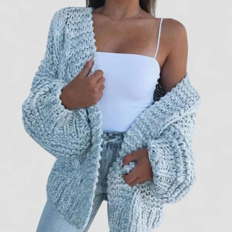 Chunky Knit Open Front Cardigan for Women with Balloon Sleeves in Sky Blue, front view