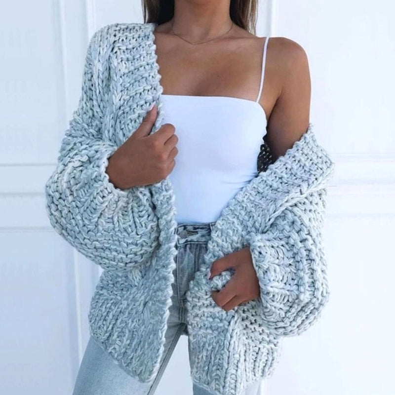 Chunky Knit Open Front Cardigan for Women with Balloon Sleeves in Sky Blue, front view 2