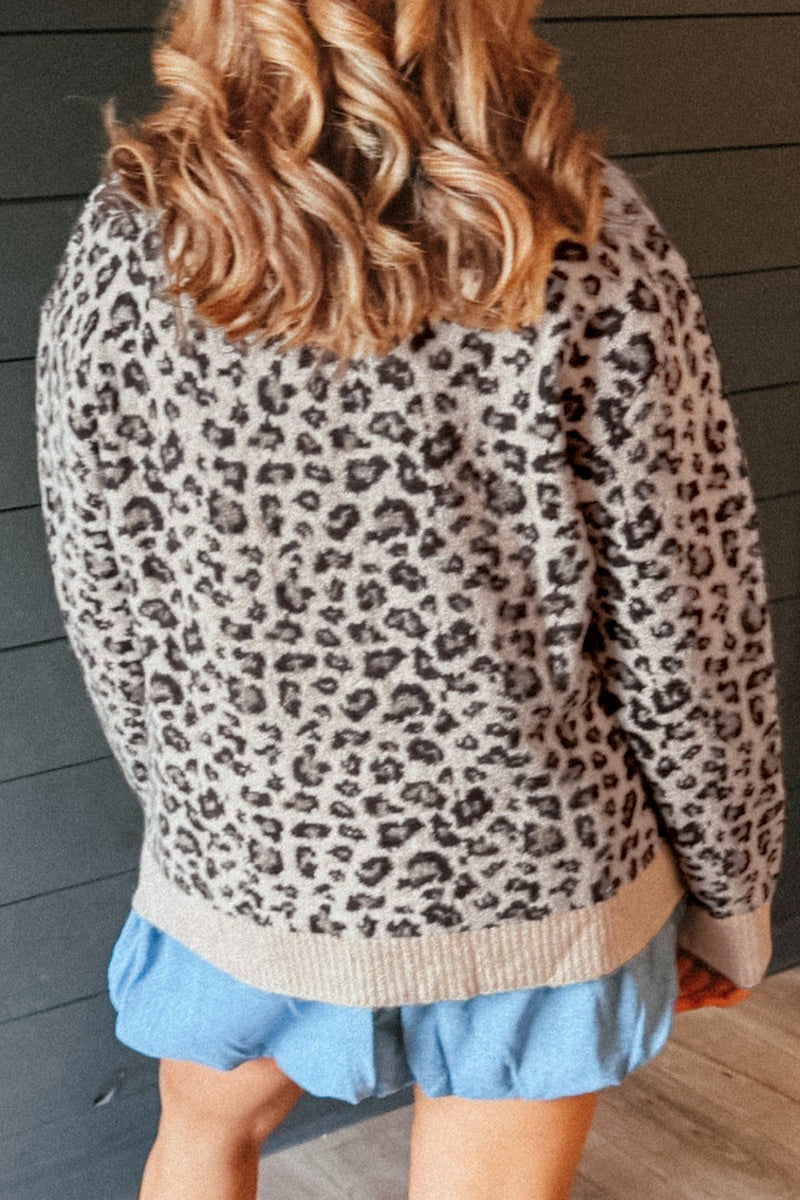 Leopard Print Sweater for Women with Contrast Ribbed Trim in Beige, back view