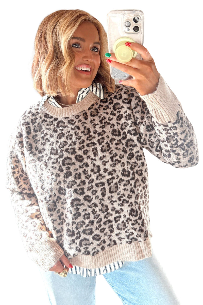 Leopard Print Sweater for Women with Contrast Ribbed Trim in Beige, cutout styled view