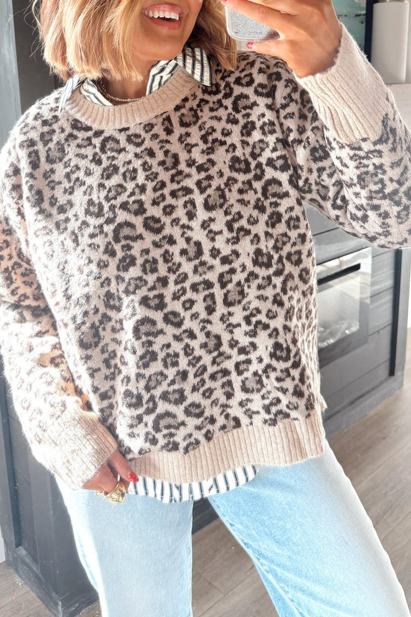 Leopard Print Sweater for Women with Contrast Ribbed Trim in Beige, styled view