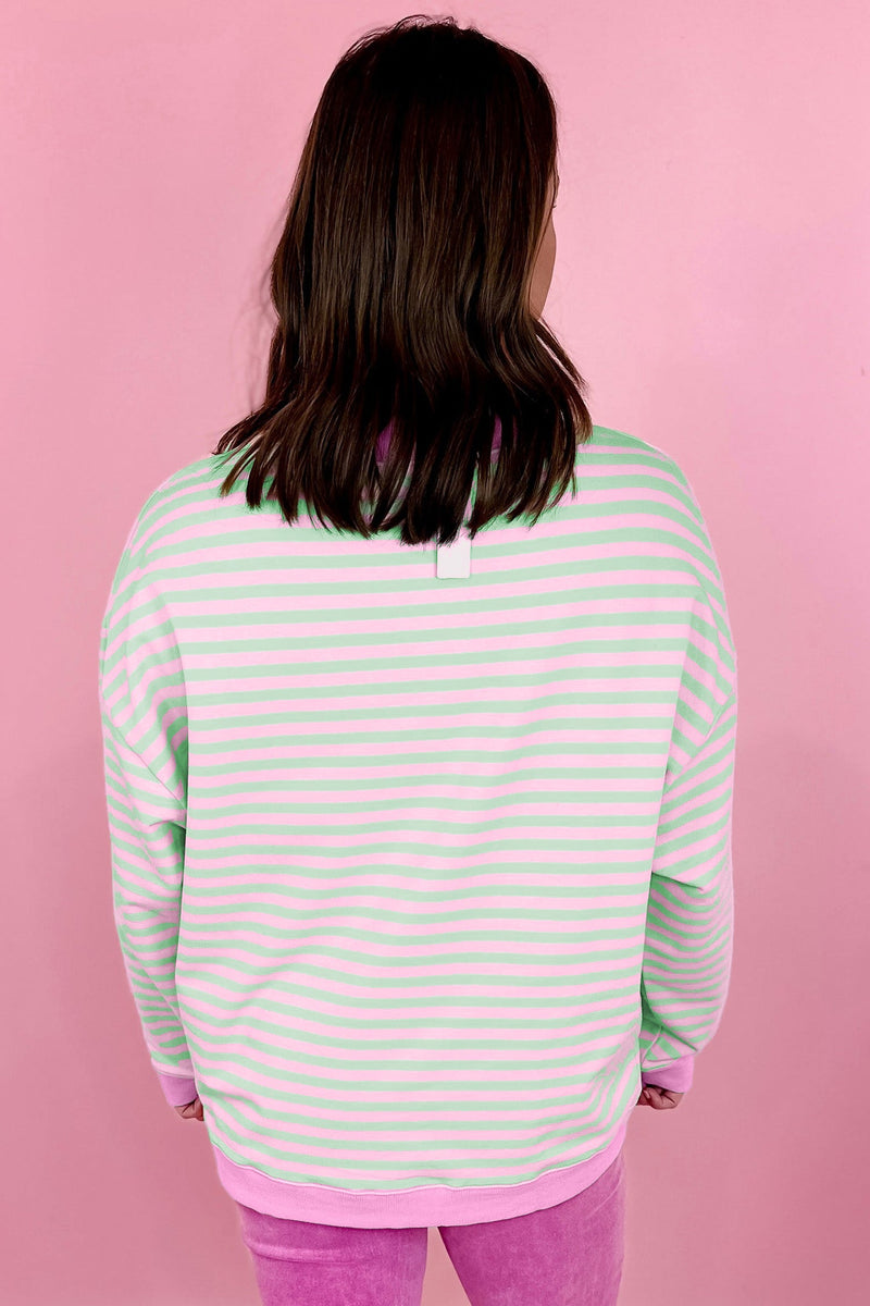 Striped Crewneck Sweatshirt for Women with Contrast Ribbed Trim in Pink Green Stripe, back view