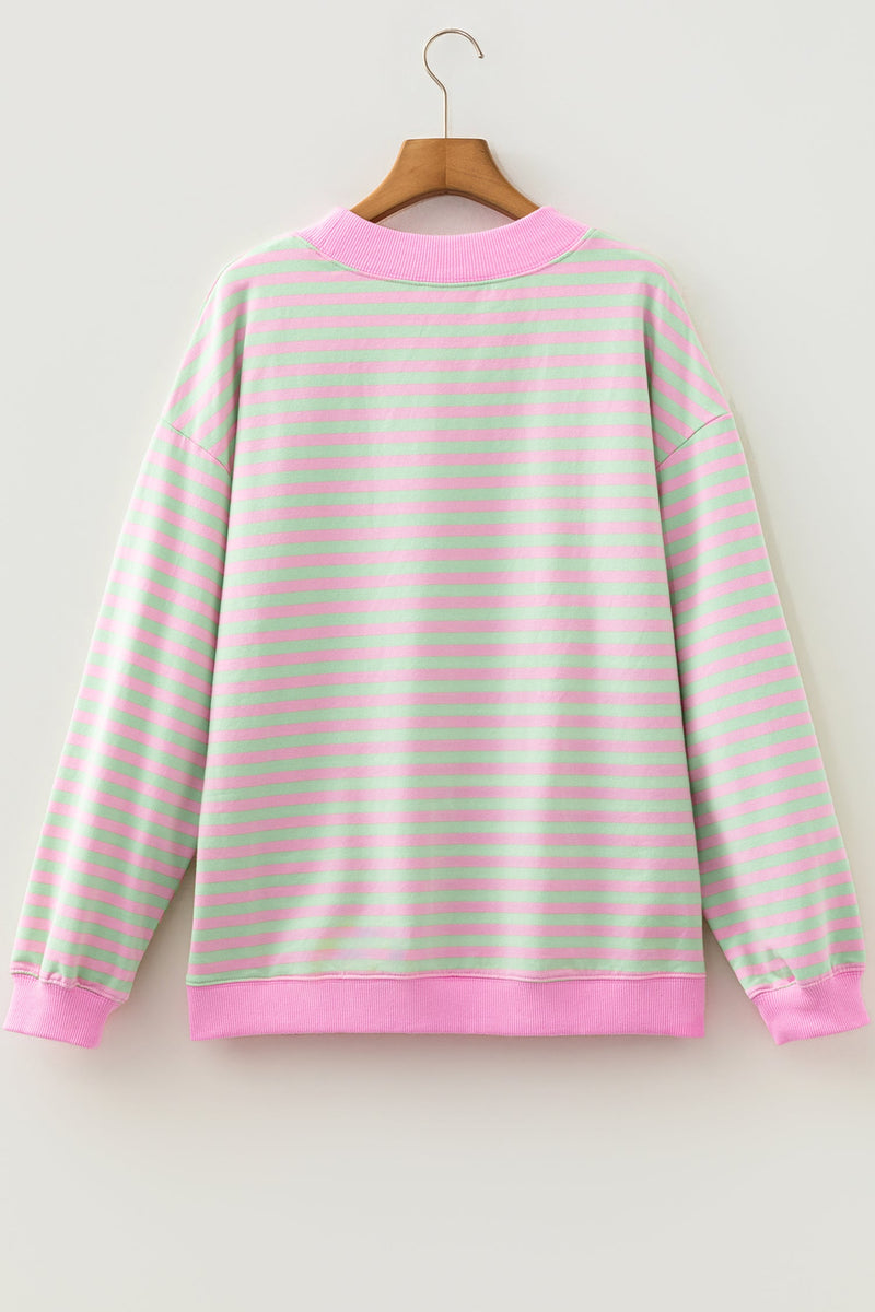 Striped Crewneck Sweatshirt for Women with Contrast Ribbed Trim in Pink Green Stripe, flat lay back