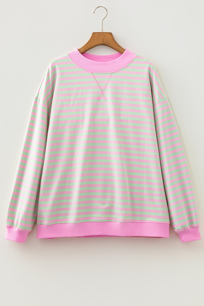 Striped Crewneck Sweatshirt for Women with Contrast Ribbed Trim in Pink Green Stripe, flat lay front