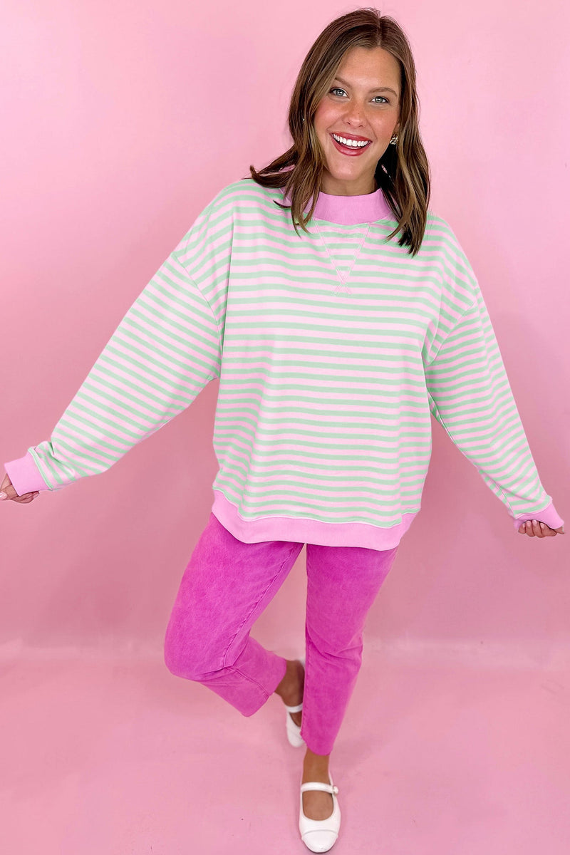 Striped Crewneck Sweatshirt for Women with Contrast Ribbed Trim in Pink Green Stripe, front view 2