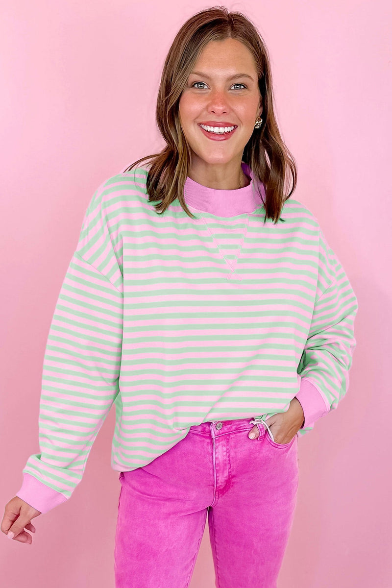 Striped Crewneck Sweatshirt for Women with Contrast Ribbed Trim in Pink Green Stripe, front view 3