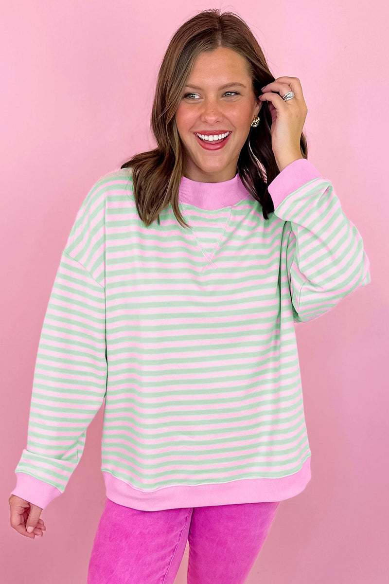 Striped Crewneck Sweatshirt for Women with Contrast Ribbed Trim in Pink Green Stripe, front view 4