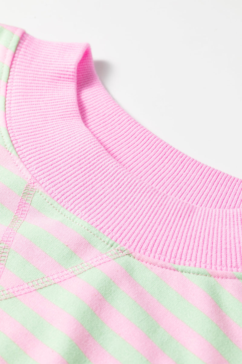 Striped Crewneck Sweatshirt for Women with Contrast Ribbed Trim in Pink Green Stripe, neckline close-up