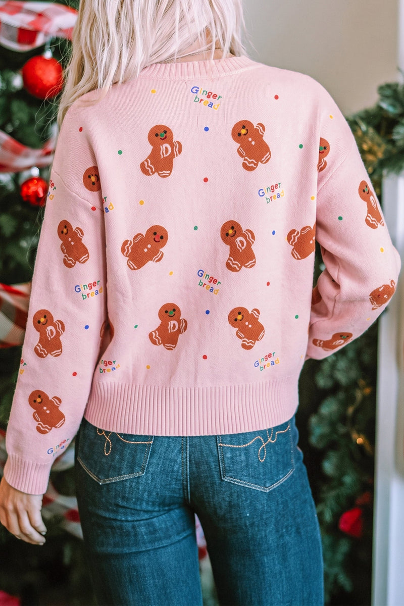 Gingerbread Christmas Sweater for Women with Crew Neck and Ribbed Trims in Pink, back view