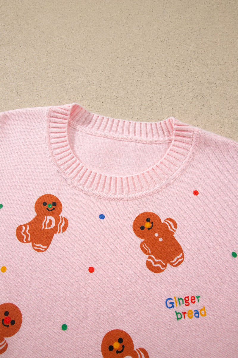 Gingerbread Christmas Sweater for Women with Crew Neck and Ribbed Trims in Pink, collar detail