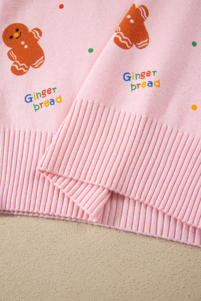 Gingerbread Christmas Sweater for Women with Crew Neck and Ribbed Trims in Pink, cuff detail
