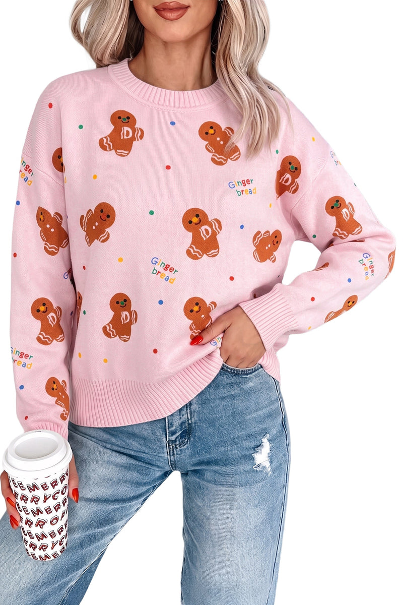 Gingerbread Christmas Sweater for Women with Crew Neck and Ribbed Trims in Pink, front view 2