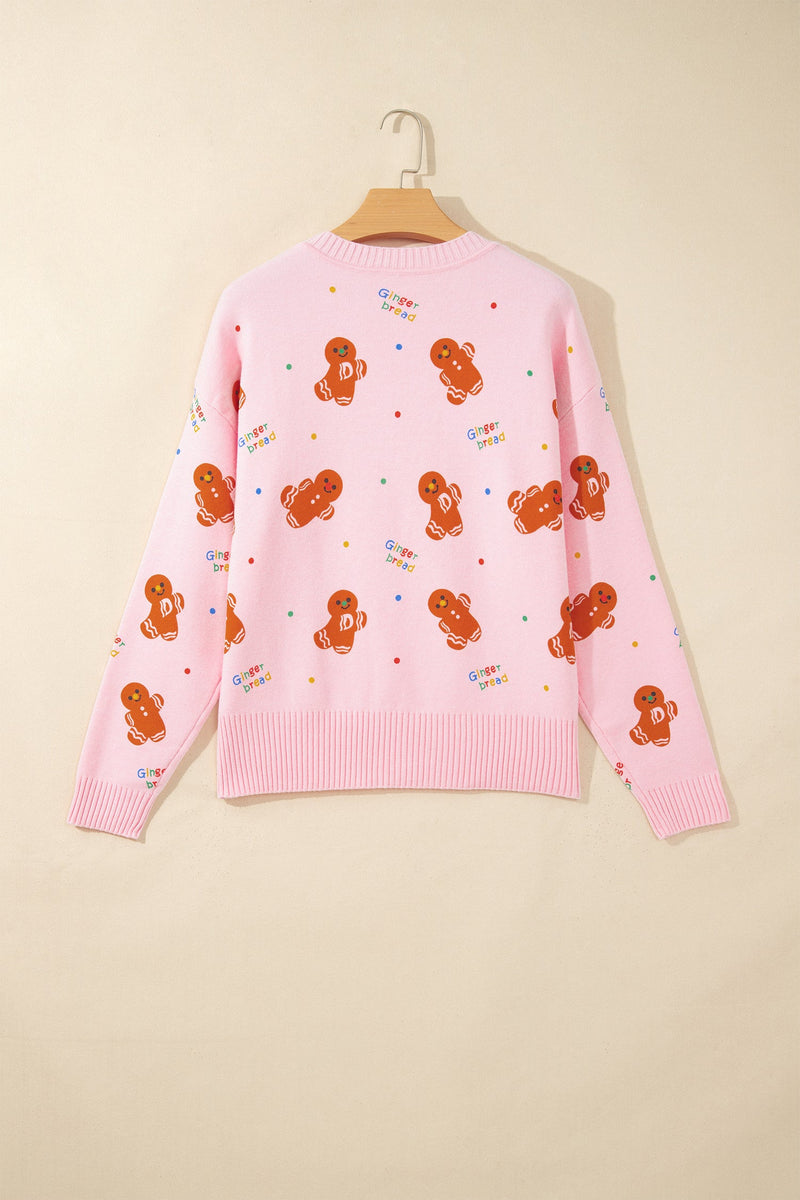 Gingerbread Christmas Sweater for Women with Crew Neck and Ribbed Trims in Pink, hanger back view