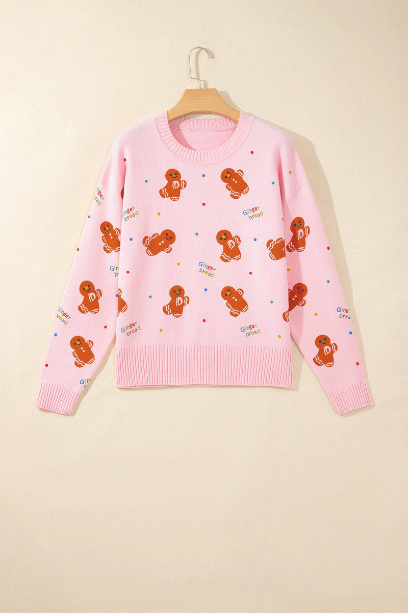 Gingerbread Christmas Sweater for Women with Crew Neck and Ribbed Trims in Pink, hanger front view