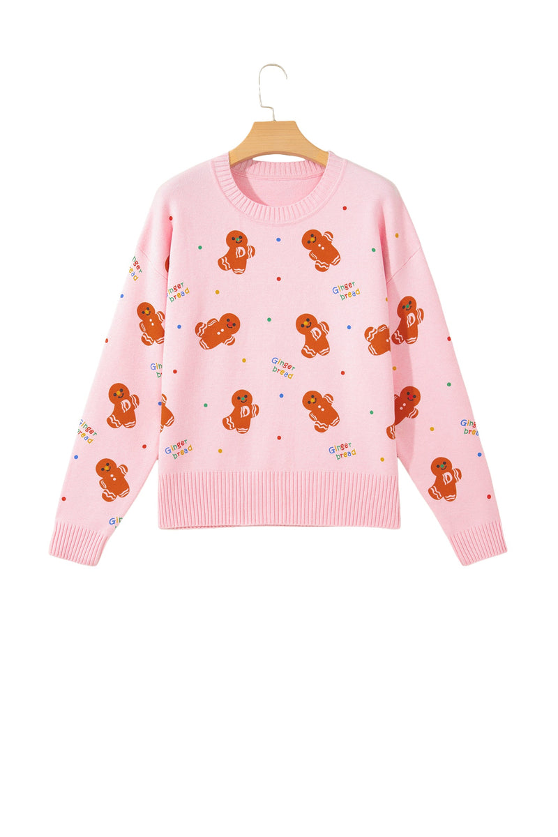 Gingerbread Christmas Sweater for Women with Crew Neck and Ribbed Trims in Pink, hanger view