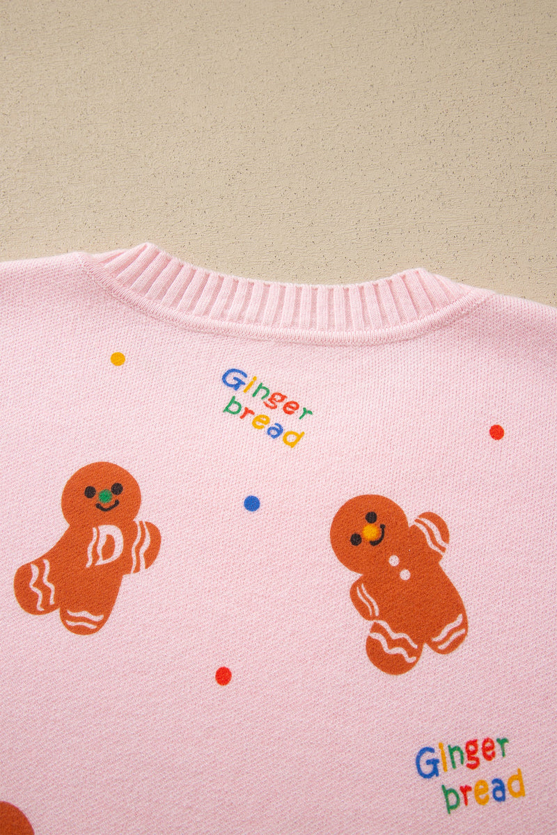 Gingerbread Christmas Sweater for Women with Crew Neck and Ribbed Trims in Pink, neckline detail