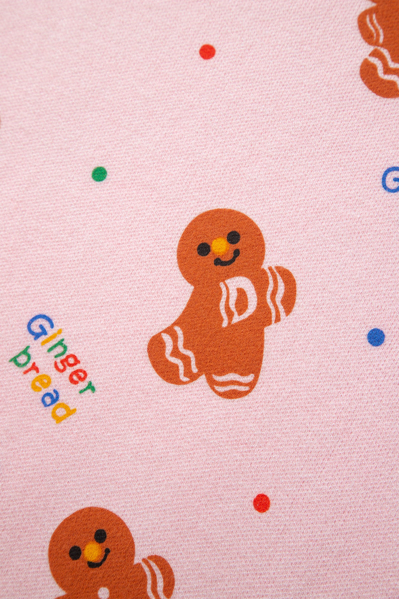 Gingerbread Christmas Sweater for Women with Crew Neck and Ribbed Trims in Pink, print close-up
