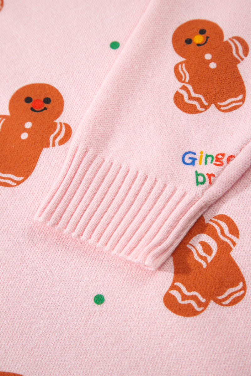 Gingerbread Christmas Sweater for Women with Crew Neck and Ribbed Trims in Pink, sleeve detail