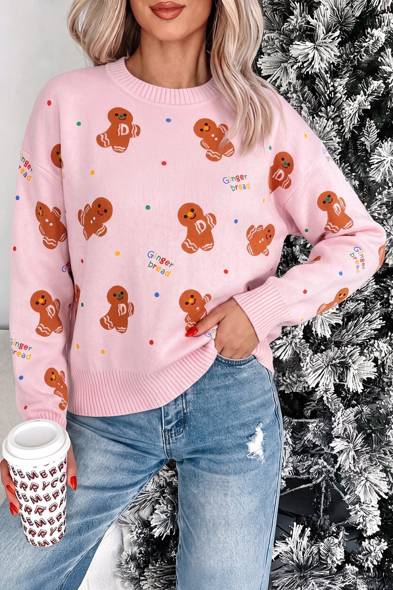 Gingerbread Christmas Sweater for Women with Crew Neck and Ribbed Trims in Pink, styled view