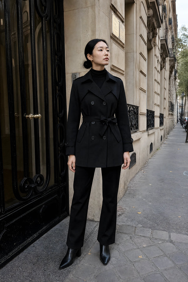 SOFAINE-V7-LIFE-Eunice | Double-Breasted Trench Coat in Black, street style