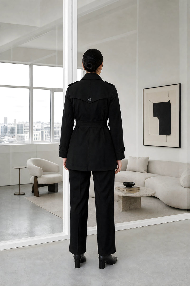 Eunice | Double-Breasted Trench Coat in Black, studio back