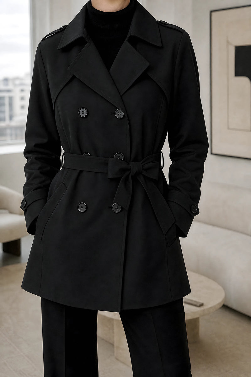 Eunice | Double-Breasted Trench Coat in Black, studio close-up