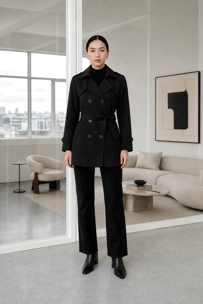 Eunice | Double-Breasted Trench Coat in Black, studio front
